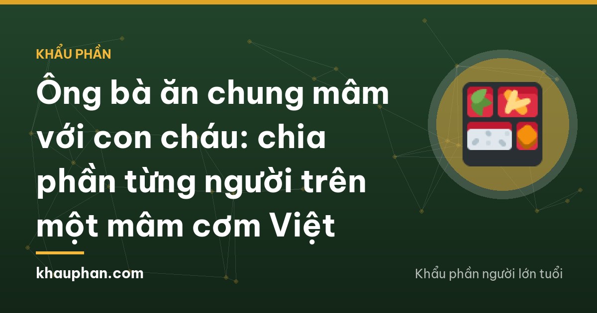Three generations of a Vietnamese family seen from behind sharing a rice tray on a mat, a grandmother receiving a piece of fish from a child, soft evening light